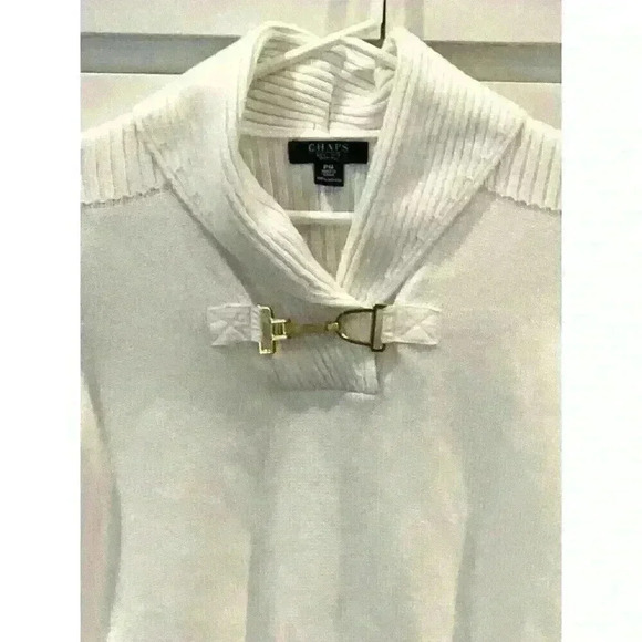 Women’s Chaps Sweater White Petite Medium PM Gold Toggle Shawl Neck Long Sleeve - Picture 1 of 5